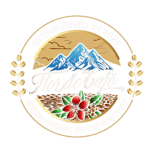Coffee logo with mountains, beans, and berries.