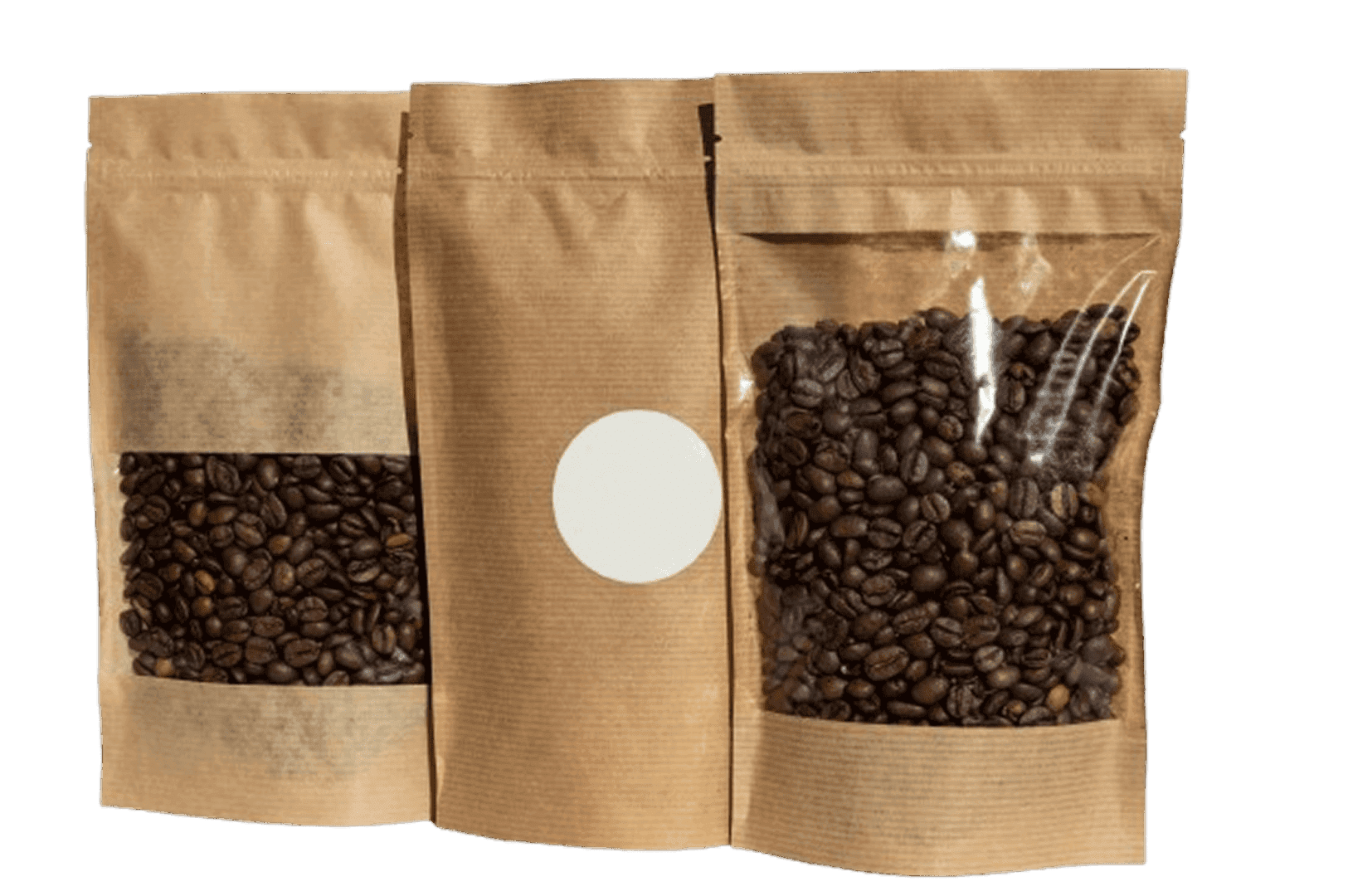Three different packaging styles with coffee beans inside.